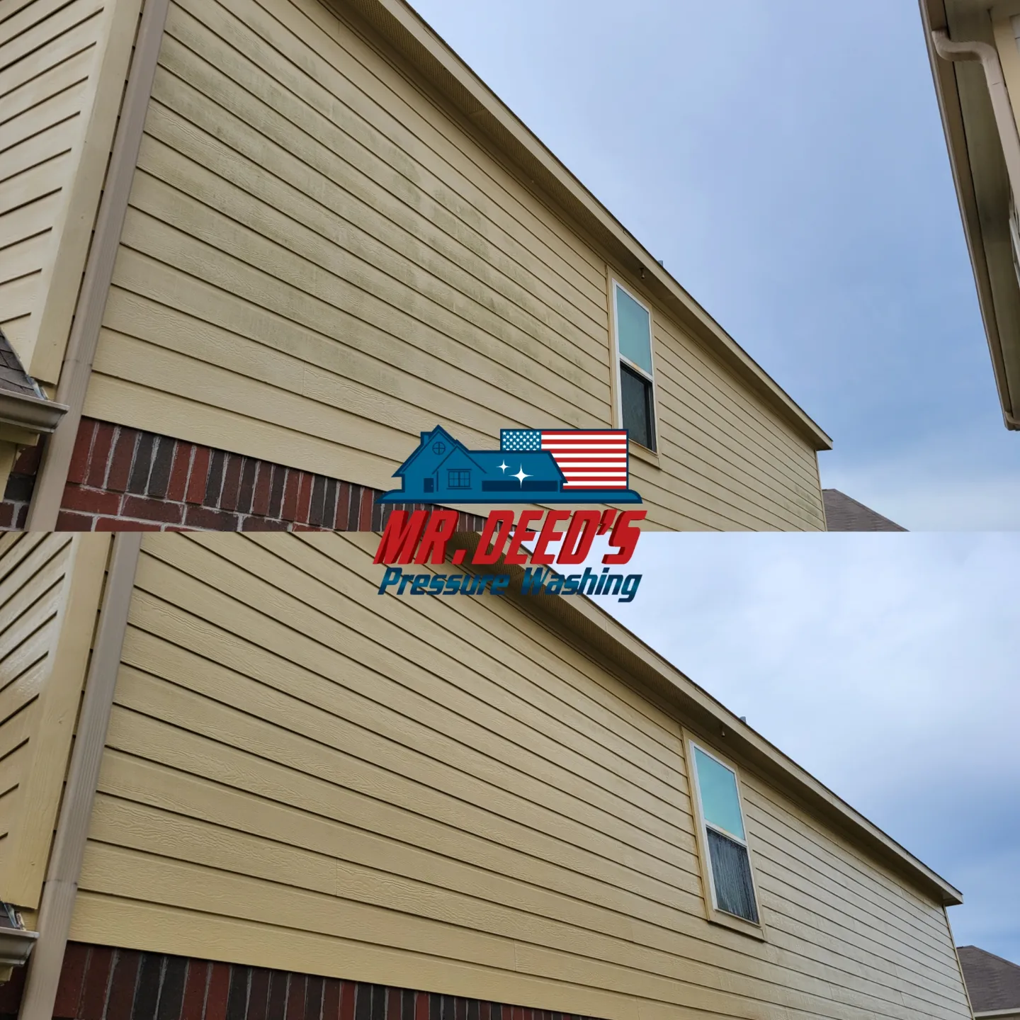 Before and after photo of house washing in Houston, Texas